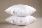 A pair of full plump Siberian Goose Down Pillows, stacked with a neutral background